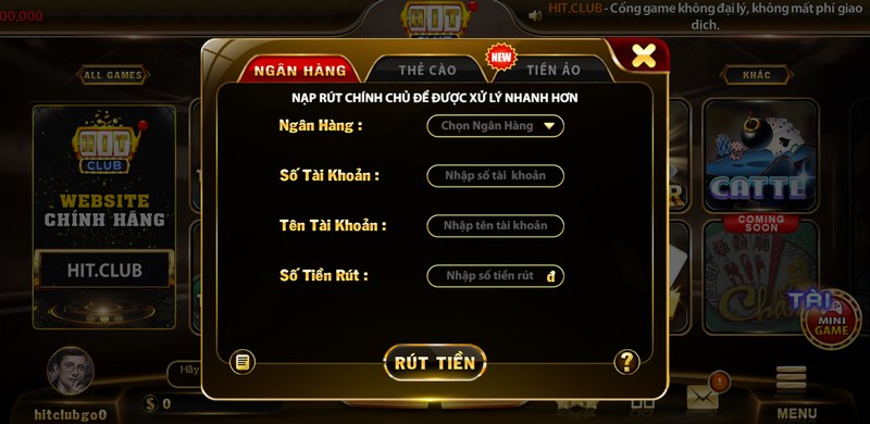 Rút tiền an toàn từ ngân hàng tại cổng game Hitclub